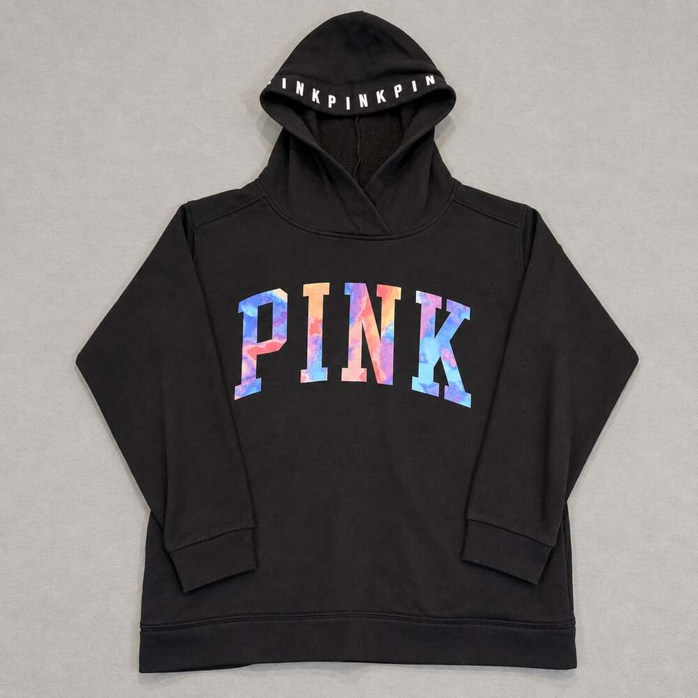 Victoria's Secret PINK Hoodie Size M Black Watercolor Logo Pullover
